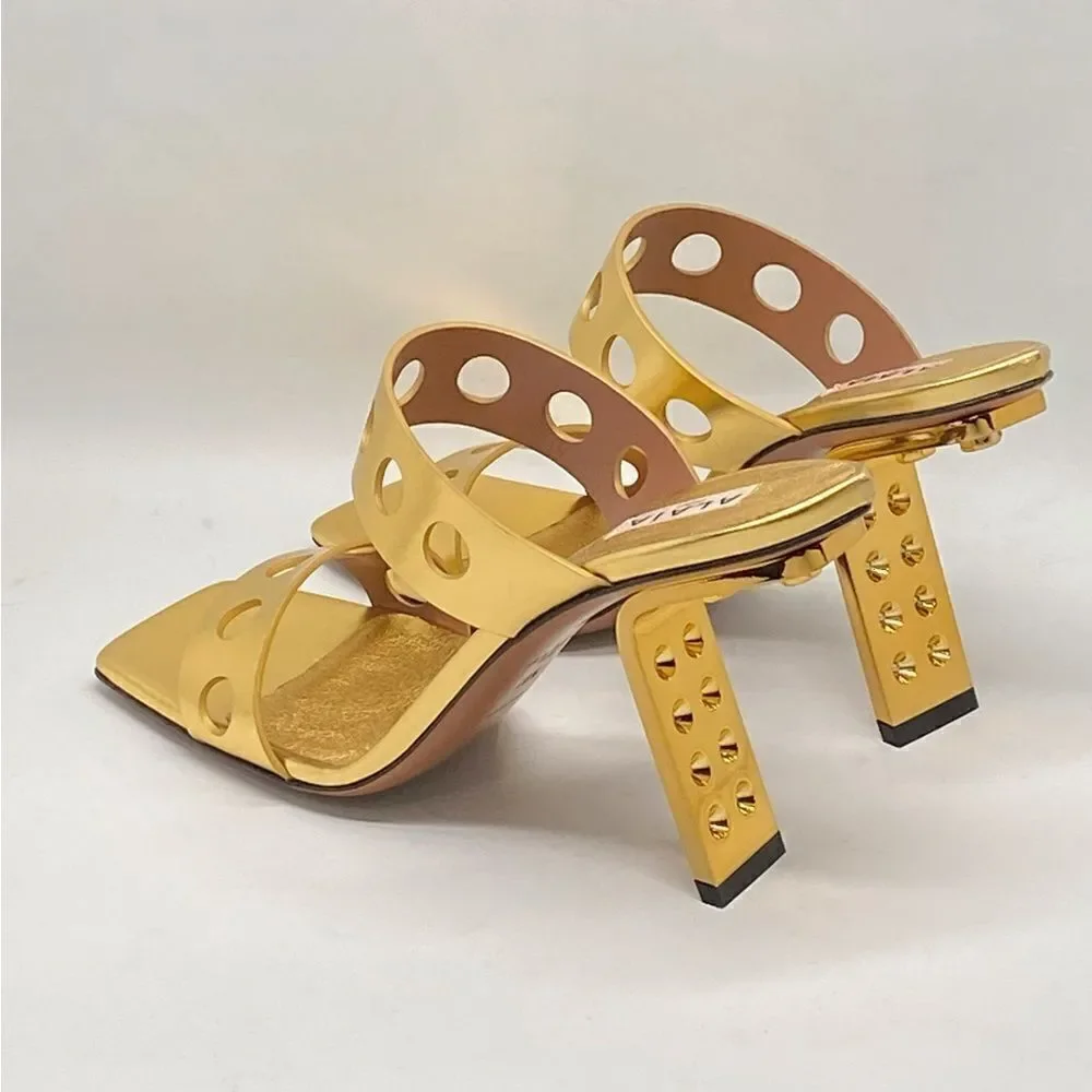Alaia Perforated Metallic Square Toe Mules Sandal size 40.5